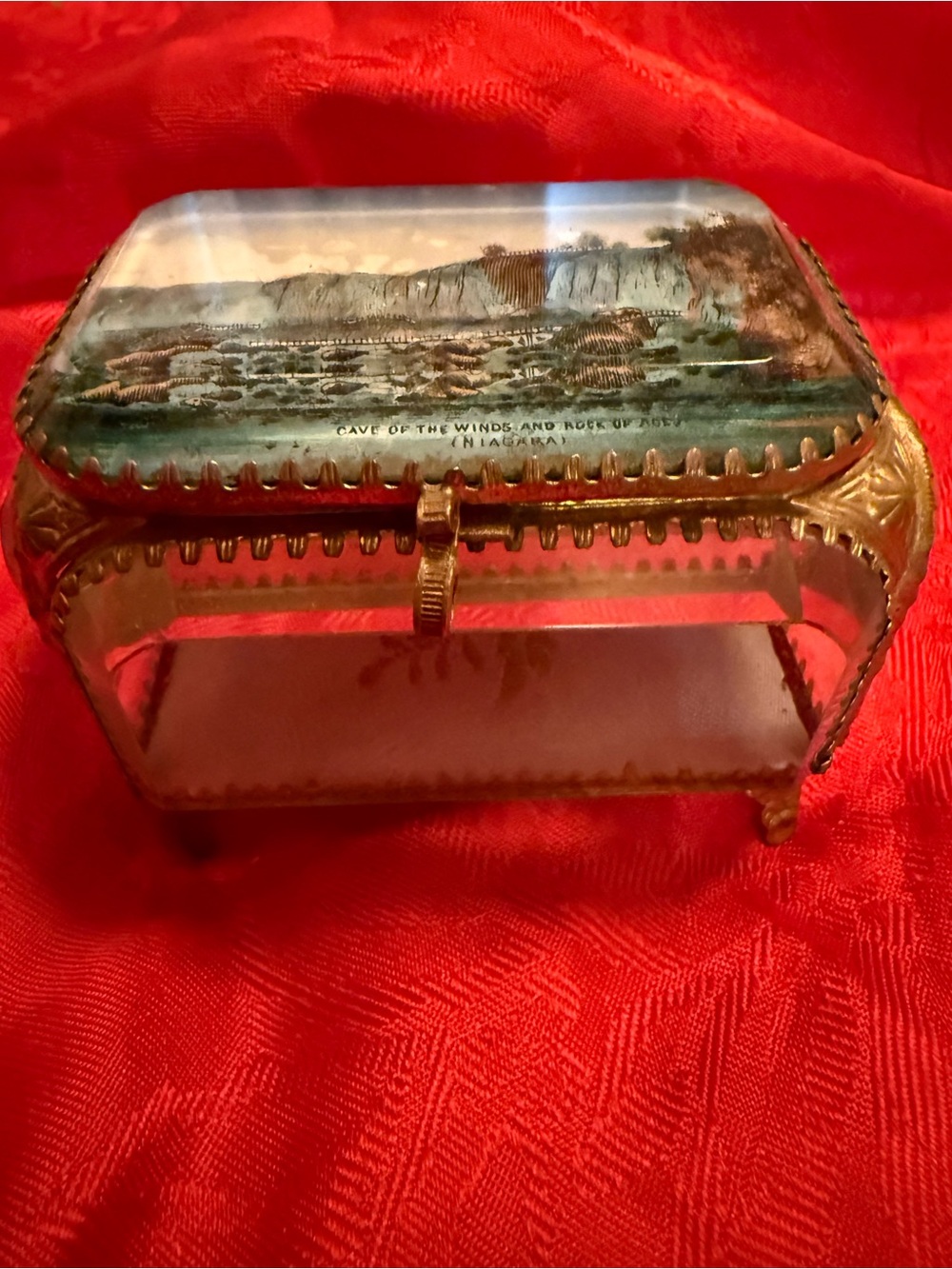 Antique rare 1940 Niagara fall Style Glass & Brass Trinket Jewelry Box with Scen